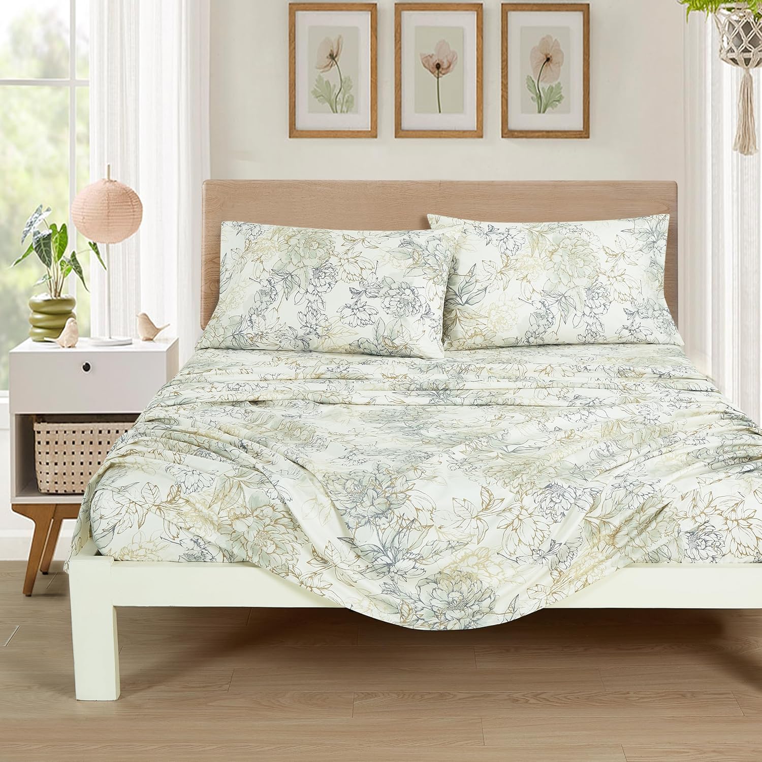 Chezmoi Collection Clematis 4-Piece Tranquil Floral Bed Sheet Set - Soft Green Gray Floral Printed Microfiber 14-Inches Deep Pocket Sheets & Pillowcases Set, California King