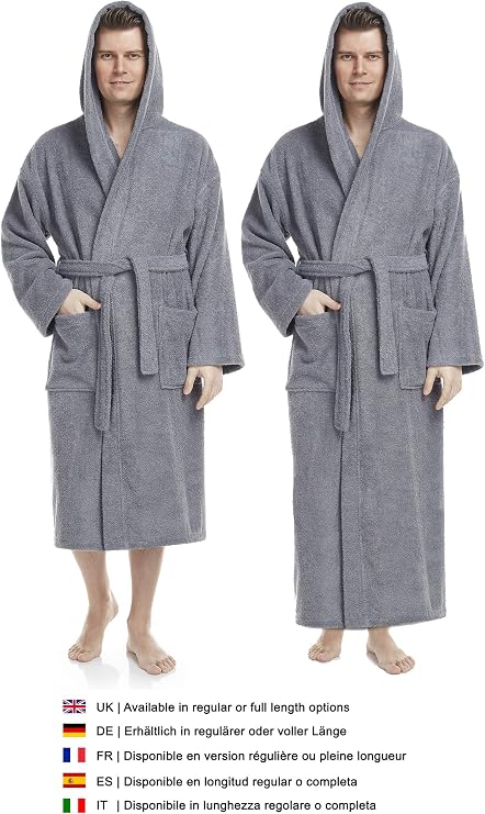 Accappatoio Uomo Con Cappuccio - 100% Cotone Spugna Certificato OEKO-TEX, Lunghezza Polpaccio/caviglia - Comodo E Assorbente - copertina