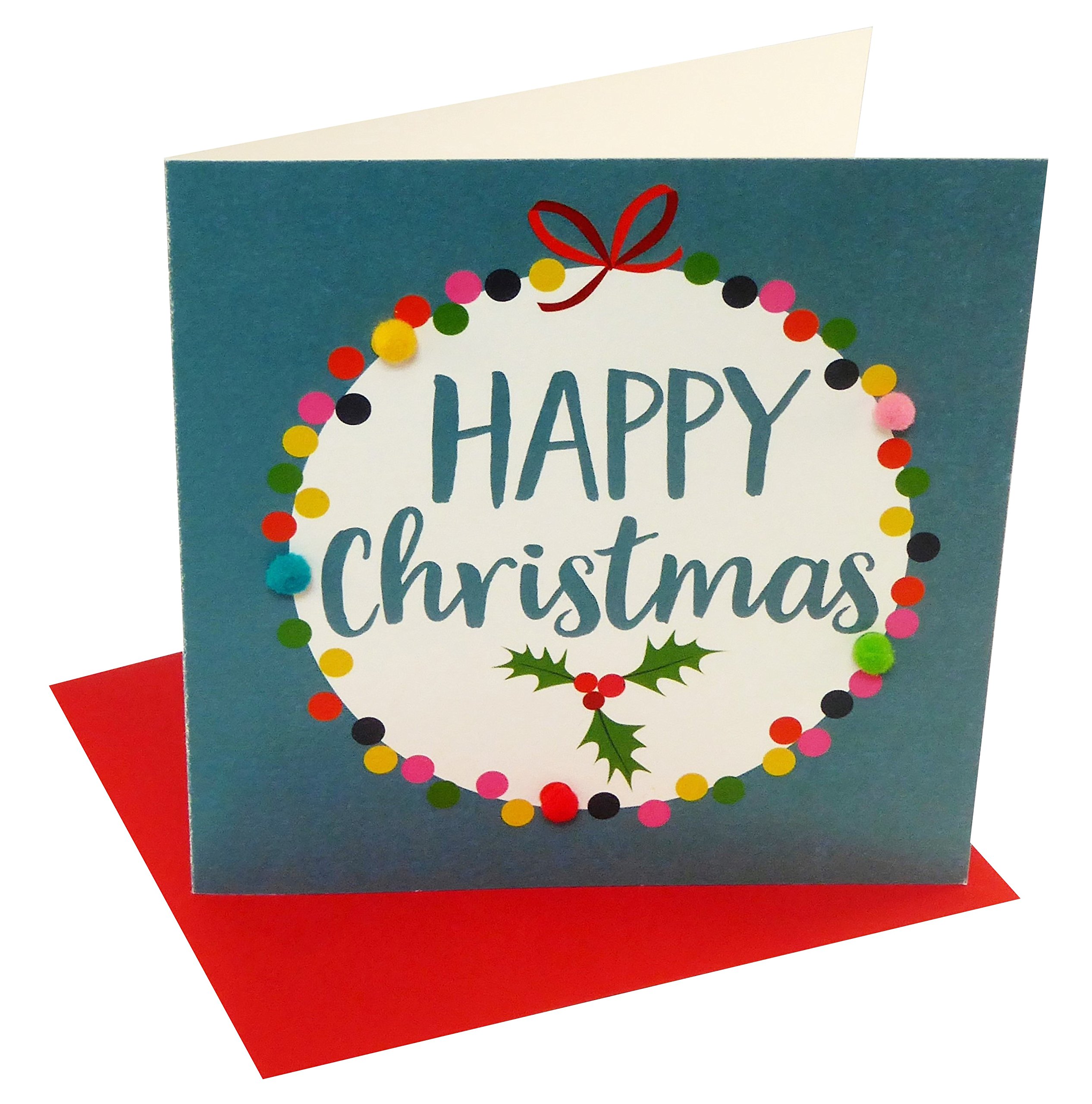 Claire Giles Greeting Cards, Happy Christmas Card, Bauble design xmas Greeting Card, Embellished with colourful pompoms