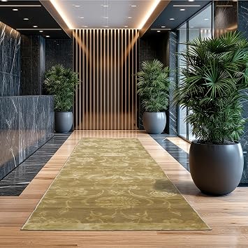 211"x1110" Tone on Tone Green Runner Hand Knotted Botanical Tibetan Wool and Silk Rug