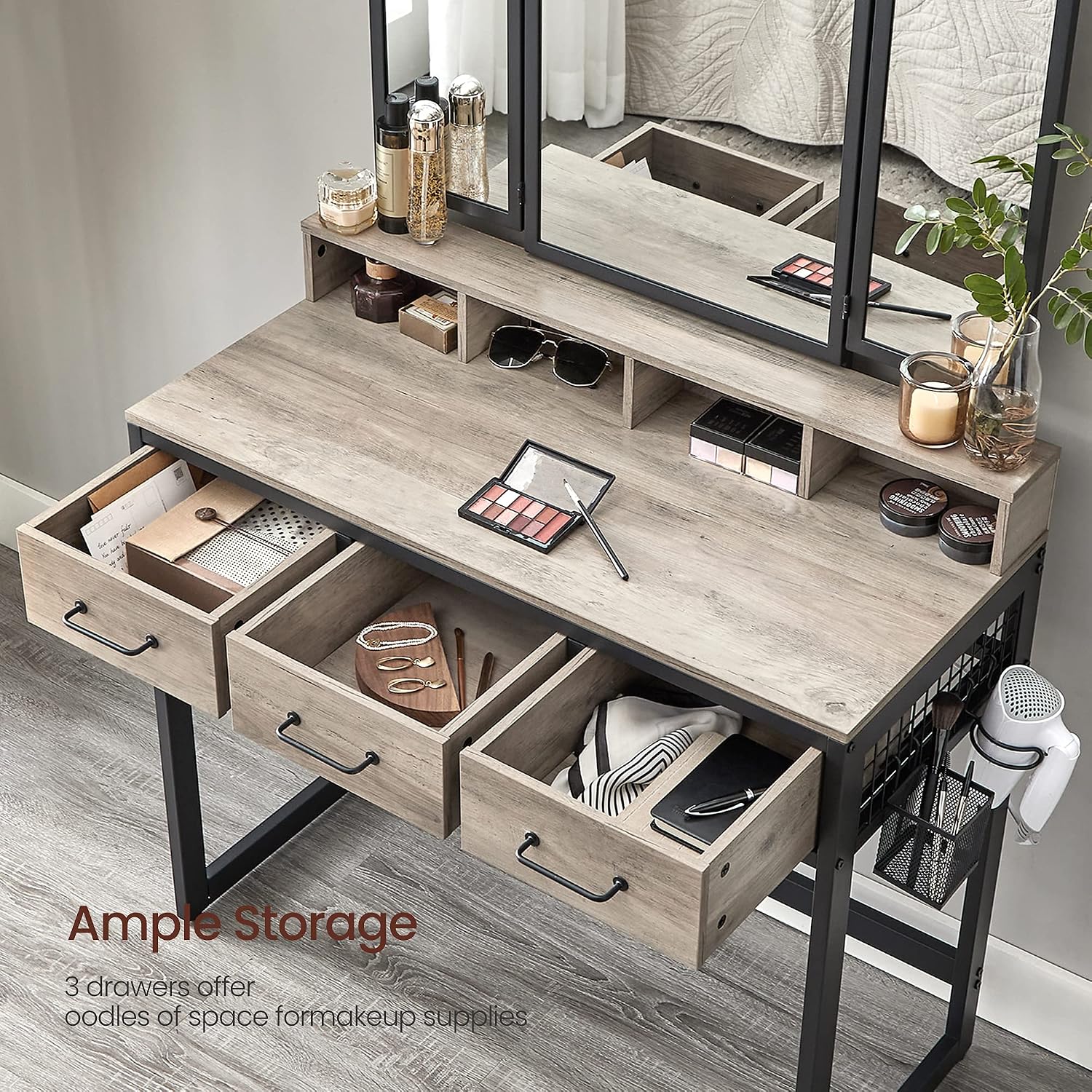 VASAGLE Vanity Table with Upholstered Stool Set, Dressing Table Desk, Makeup Table with Tri-Fold Mirror, 3 Drawers, Hair Dryer Stand, Industrial Style, Greige and Black URVT004B02