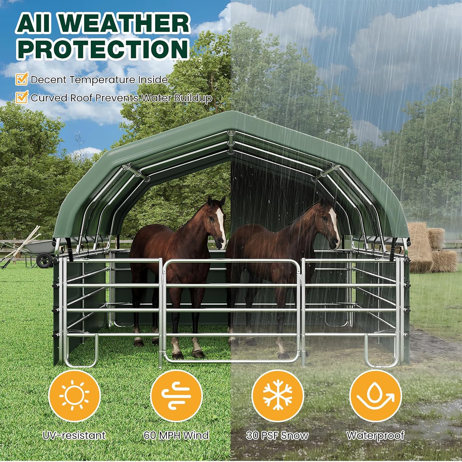 EROMMY 12'x12'x9.2' Corral and Livestock Shelter, Heavy Duty Round Style Canopy, Waterproof and UV Treated Steel Frame Cover, Easy Assembly Stable and Temporary Farm Shed, Green