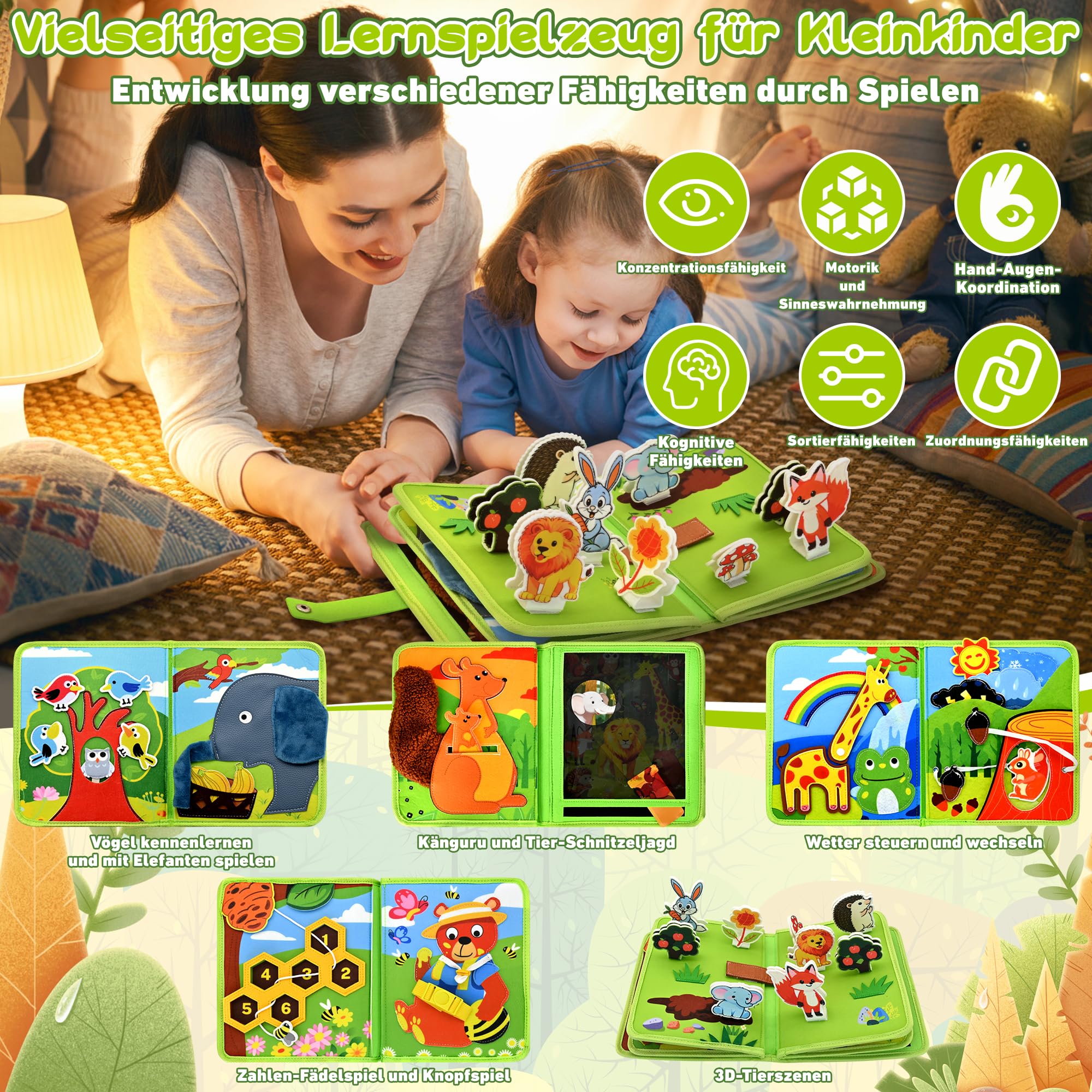 Busy Board Montessori Spielzeug ab 1 2 Jahr, Tiere Filz Busy Book Activity Board für Kleinkinder, Geschenk für Mädchen & Jungen, Reisespielzeug ab 1 Jahr für Auto & Flugzeug Fahrten