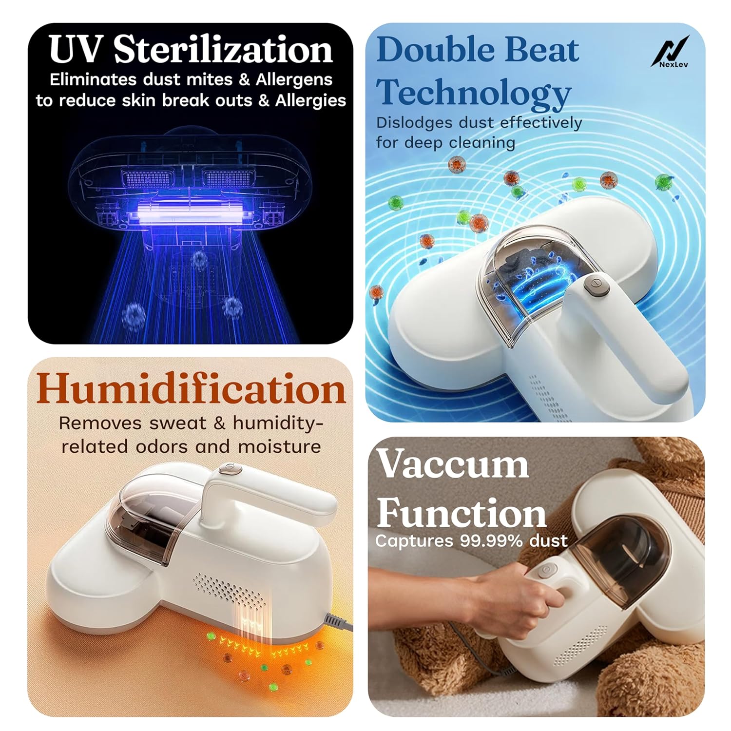 NexLev Mattress, Sofa & Carpet Vacuum Cleaner | For Dust Mites, Allergens & Pet Hair | 4 Step Cleansing with Double Beat, UV Light, Dehumidification & Vacuum | HEPA captures 99.99% Dust|MR-01 18 915g5+E7c8L. SL1500