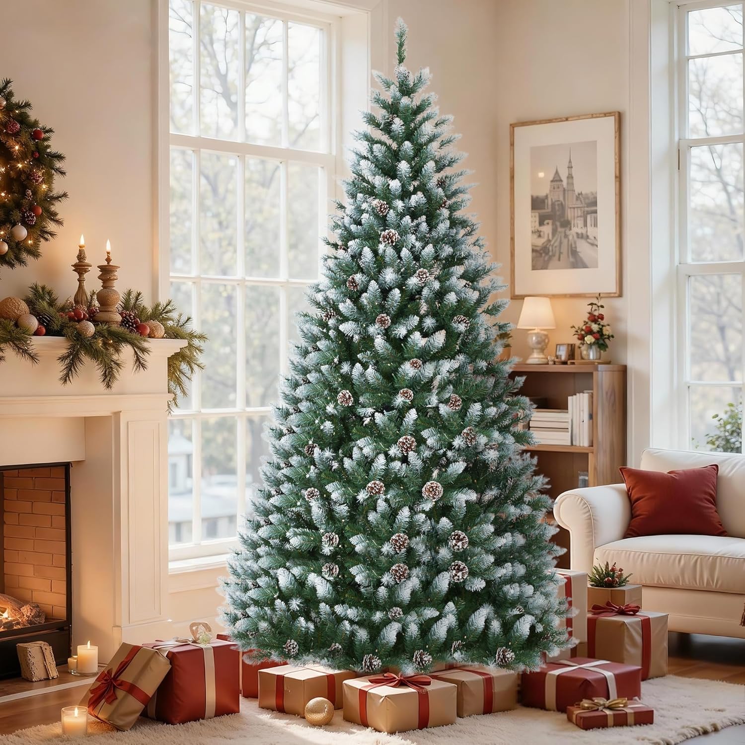 9FTChristmas Tree, Prelit Artificial Flocked Slim, Warm White LED Lights, Realistic Snowy Branches, Waterproof for Indoor Outdoor Use, Energy Efficient Holiday Decor, Space-Saving, Stable Metal Stand