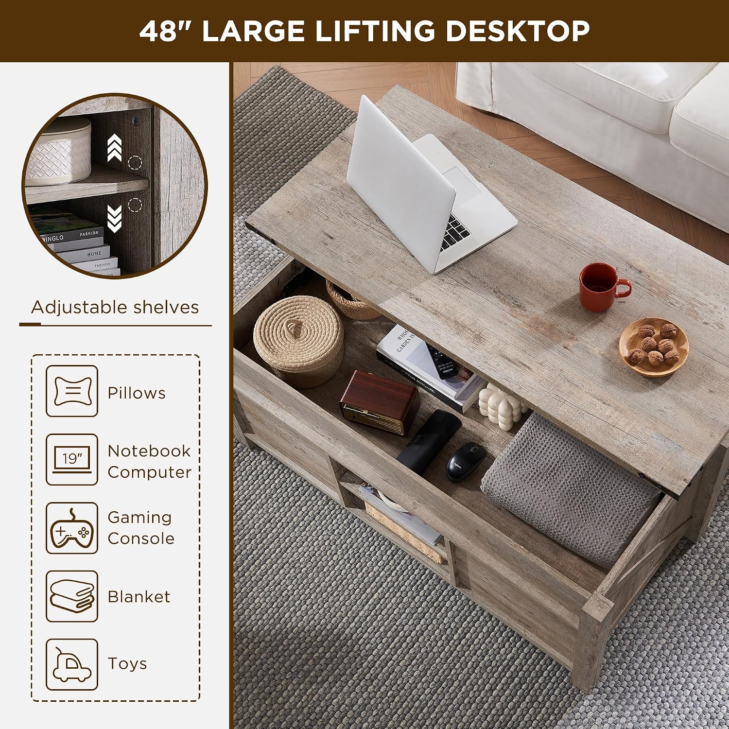 OKD coffee table with the lift-top extended, showing internal storage and items like a laptop and headphones.