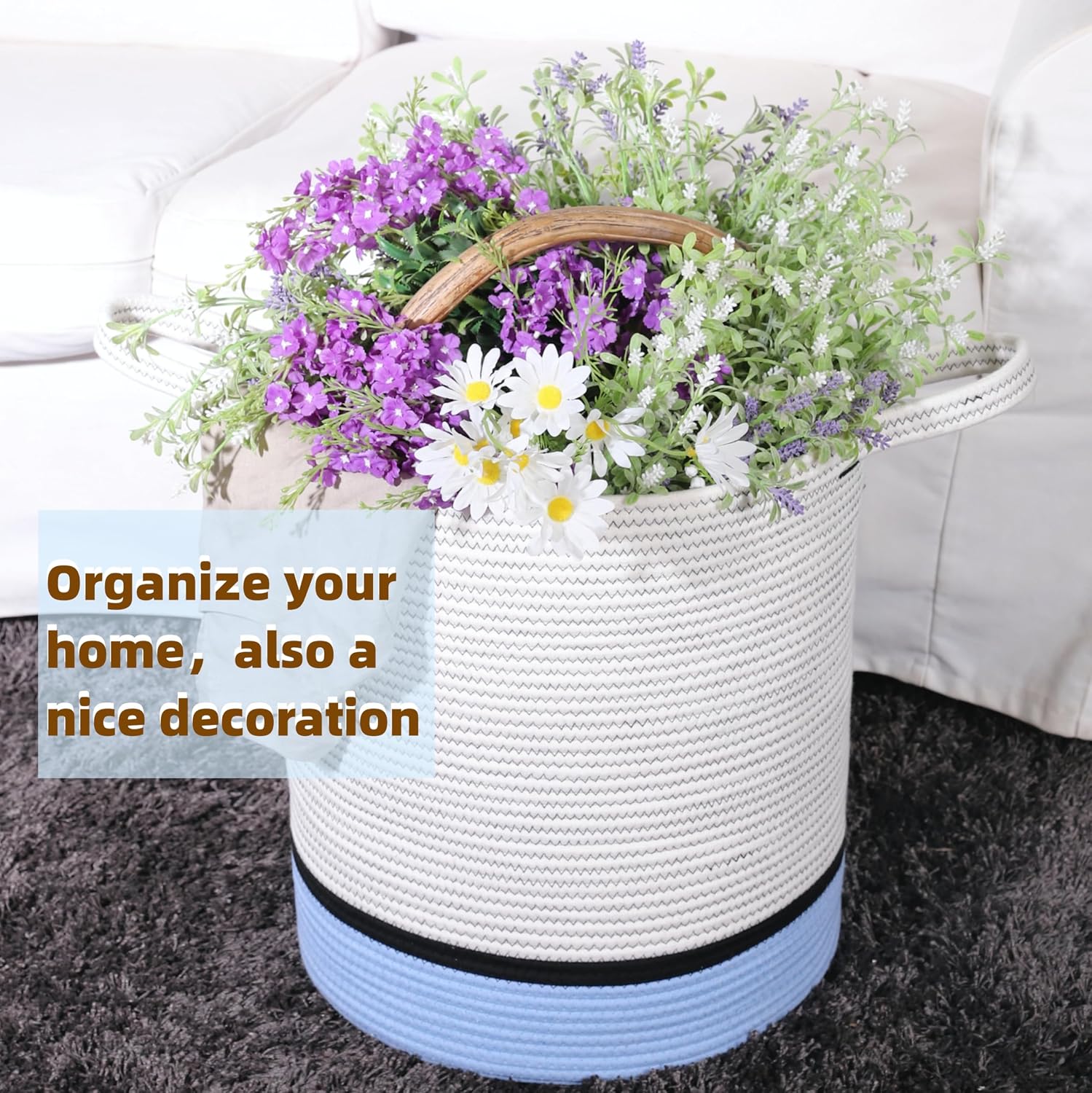 Extra Large Rope Basket - Woven Blanket & Toy Storage, 17.3'x17.3'x16.5' Cotton Rope Basket for Living Room & Nursery
