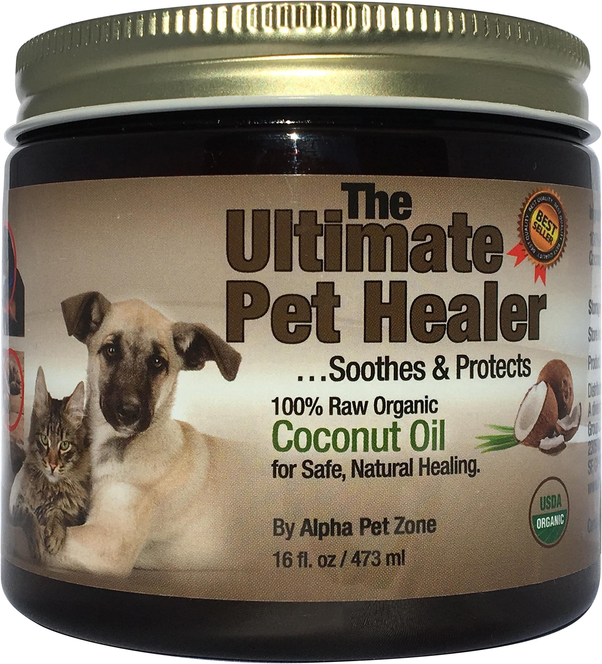 100% Organic Coconut Oil for Dogs & Cats - Skin and Coat - 16 fl oz - Use Topically on Dry Itchy Skin, Paws, Elbows and Cracked Nose - Virgin, Cold Pressed, Natural, Safe to Eat - Soothes and Protects