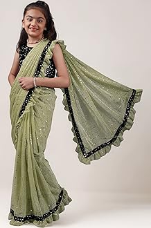 Kids Girls Lycra Blend Saree With Unstitched Sequence Blouse Piece (3-4 yrs to 11-12 yrs) (Pista, 5-6 Years - M)