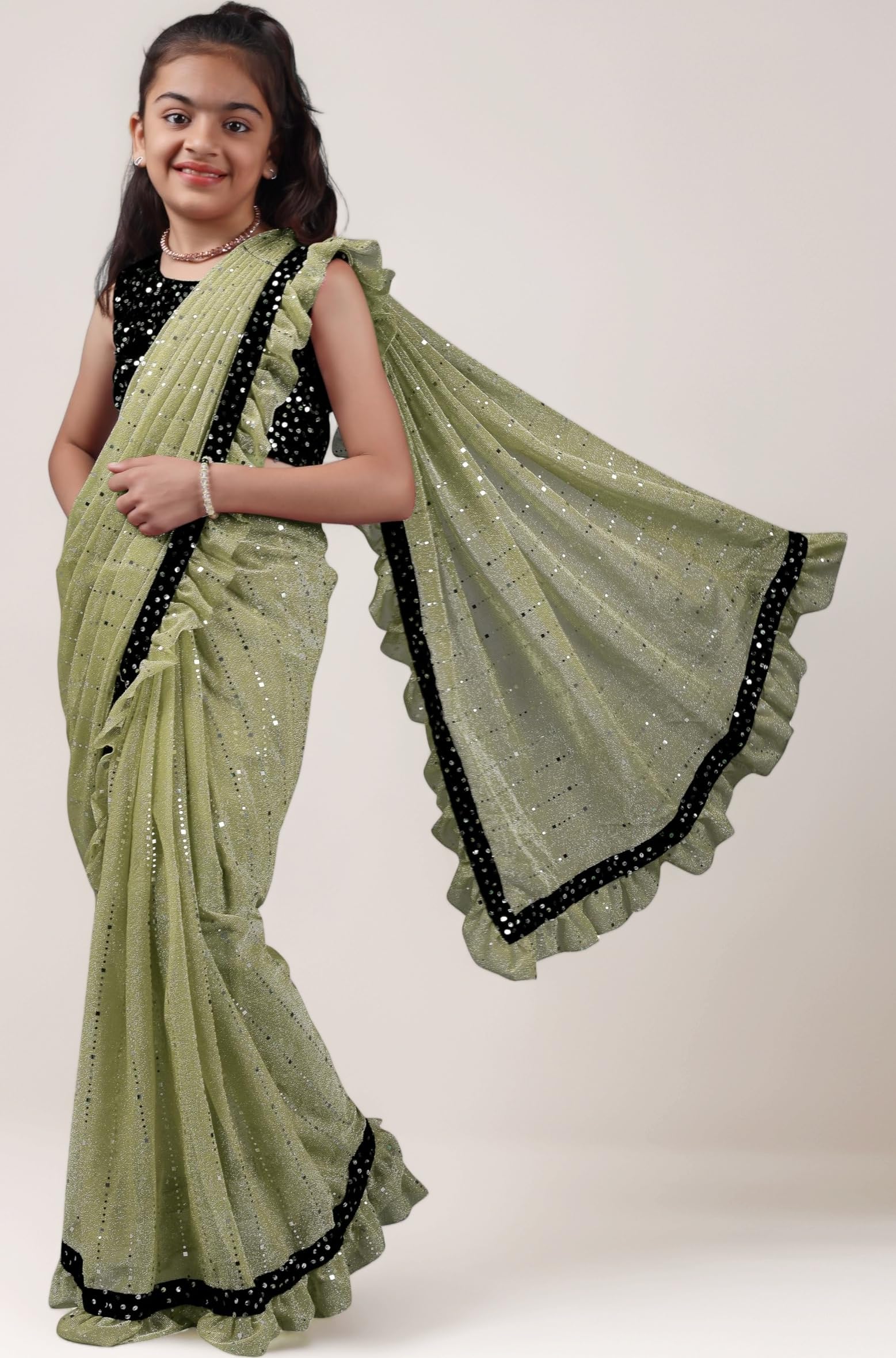 Kids Girls Lycra Blend Saree With Unstitched Sequence Blouse Piece (3-4 yrs to 11-12 yrs) (Pista, 5-6 Years - M)