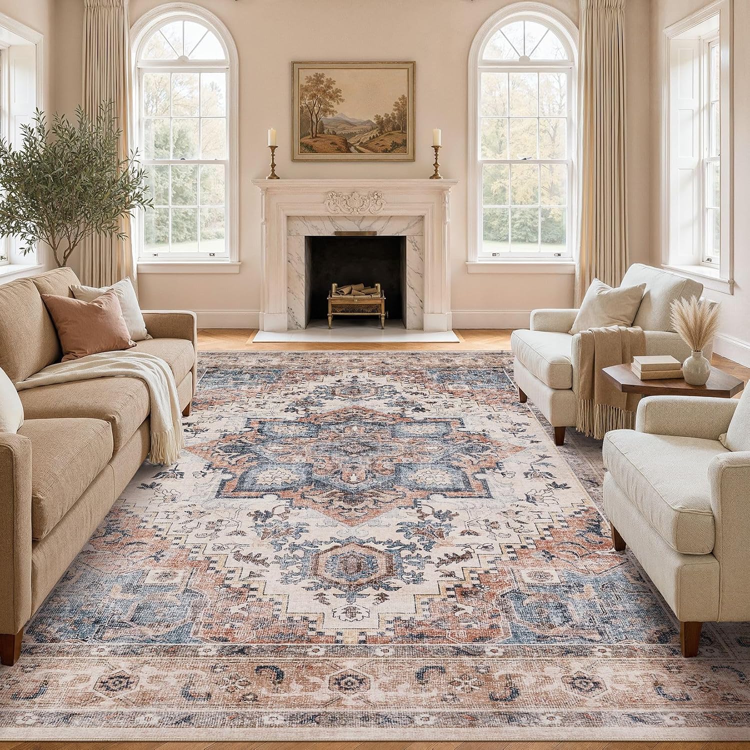 DTICON Vintage Washable 12x15 Area Rug Living Room Rugs, Camel