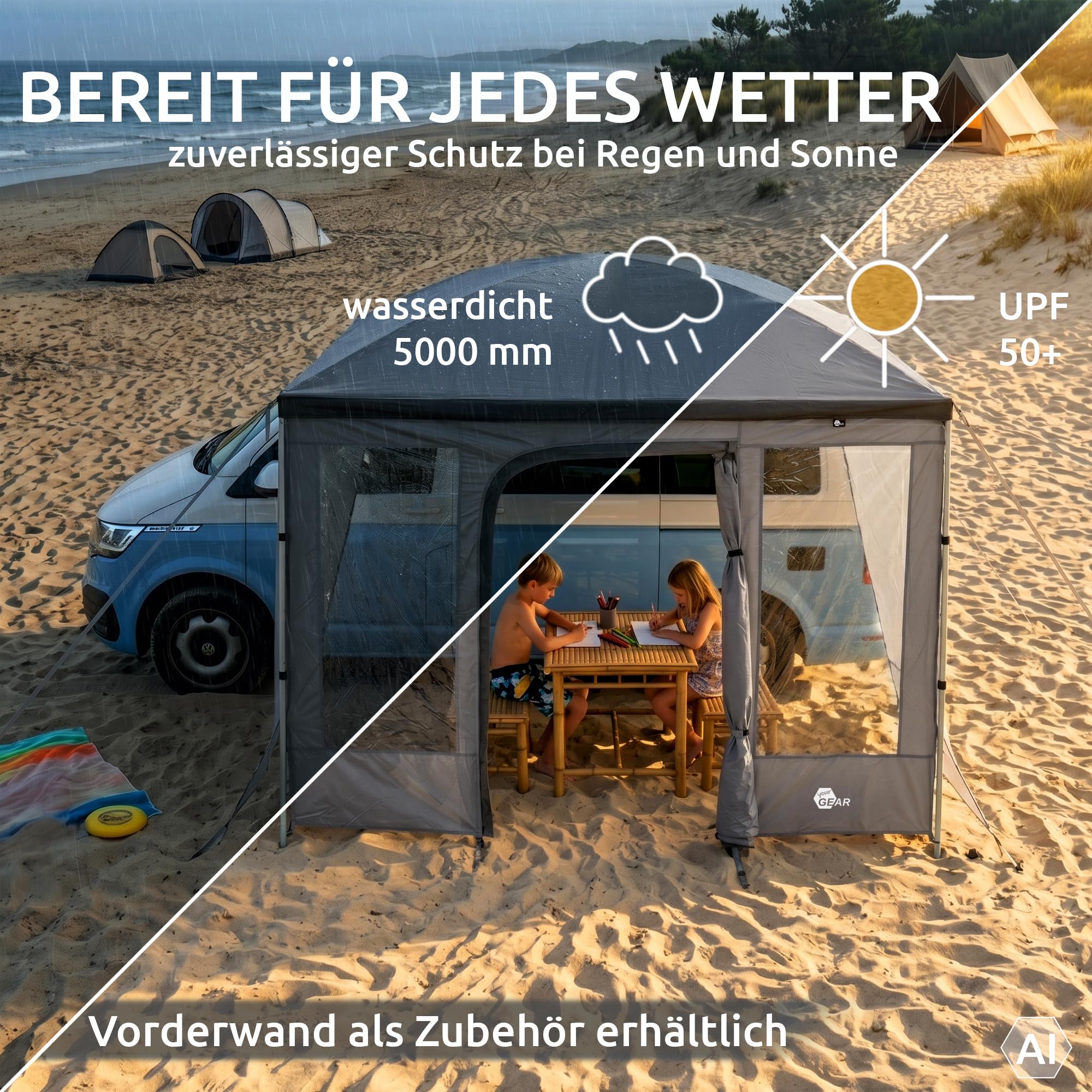 your GEAR Parasol Canopy - Auvent pour camping-car avec protection UV 50+ et colonne d'eau de 5000 mm - Convient pour les modèles Multivan et VW T