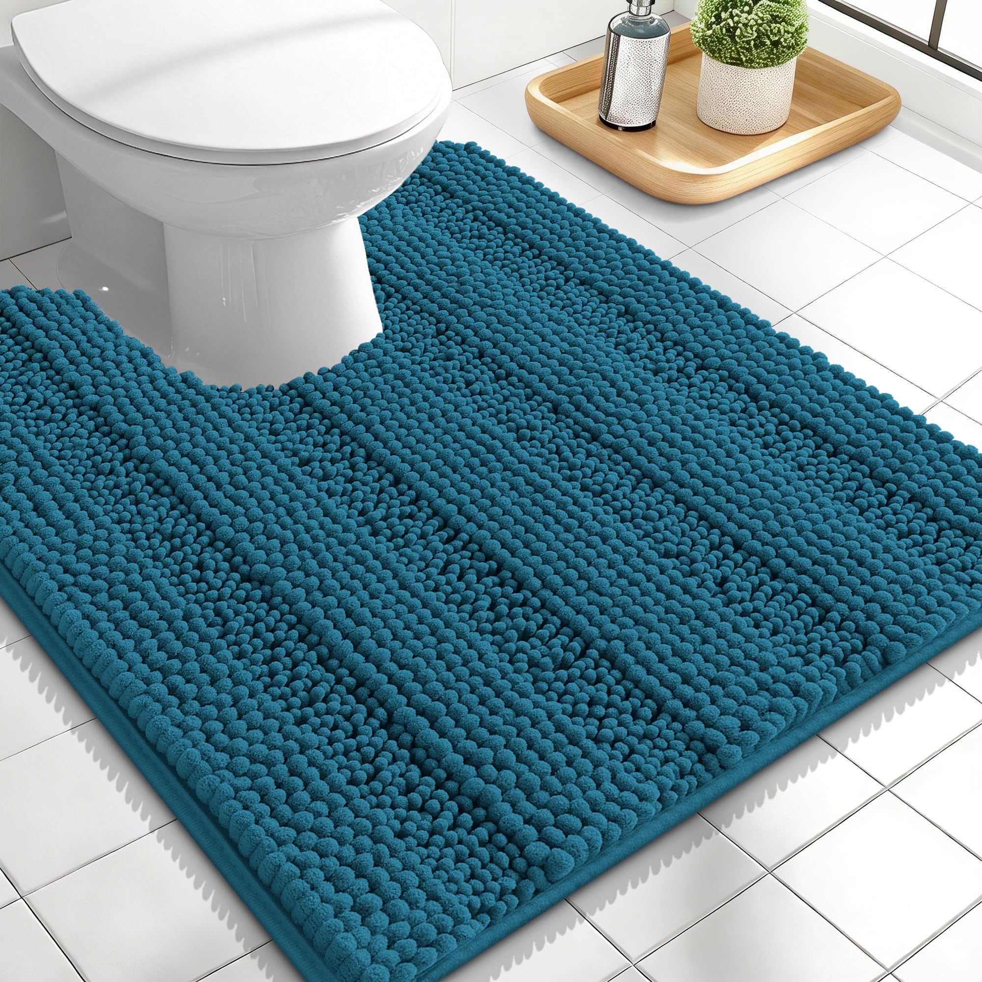 OLANLY Thick Toilet Rugs U-Shaped 24x20, Chenille Bath Mat, Peacock Blue