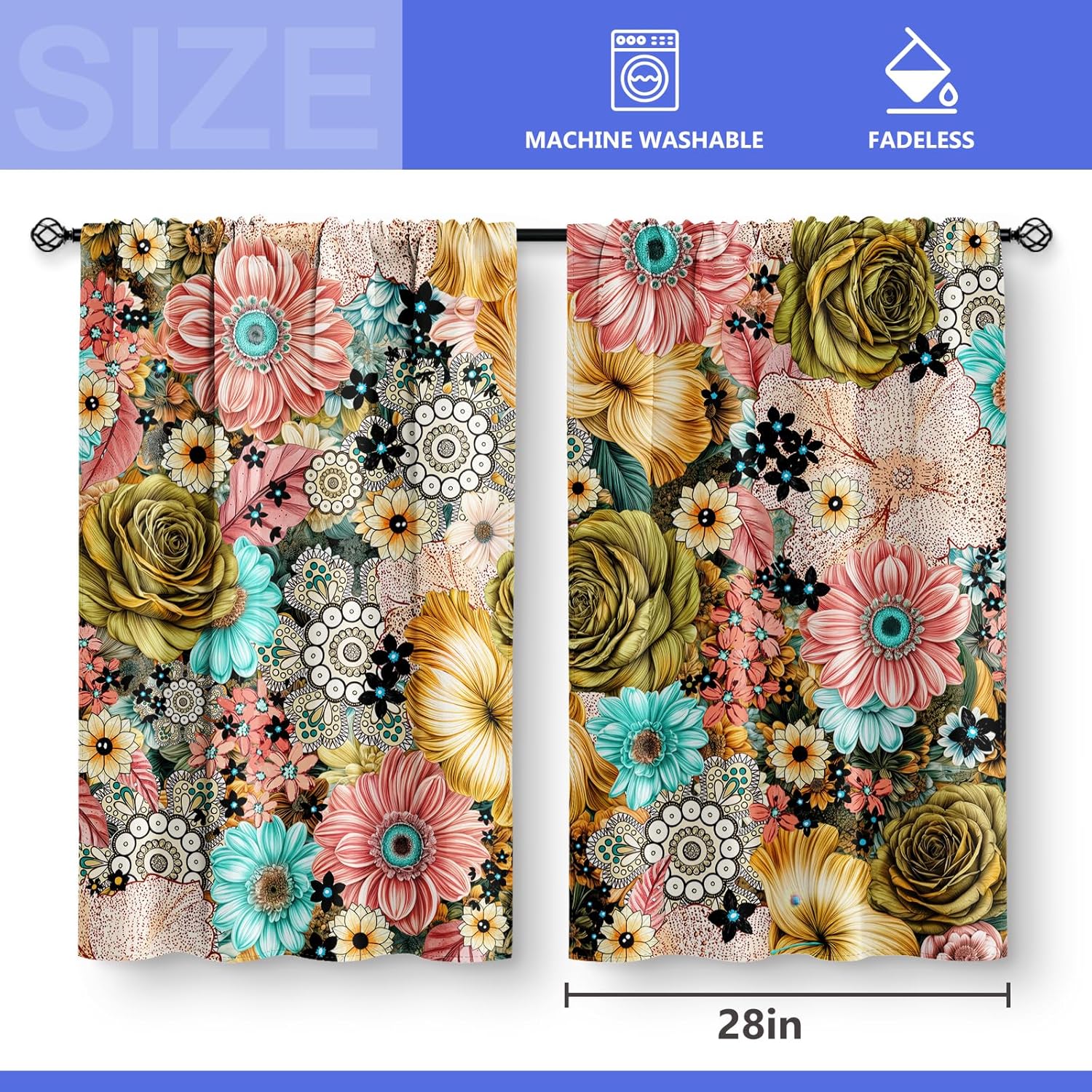 Aimego Boho Bohemian Flower Kitchen Curtains - Mandala Colorful Floral Rustic Spring Art Short Cafe Tier Curtains Decor for Living Room Rod Pocket Window Drapes 2 Panels 28"x36"