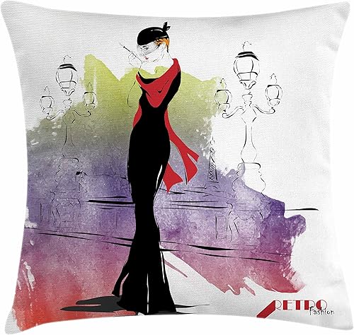 Ambesonne Funda de cojín vintage, para mujer con chal rojo en la calle con tendencias de los años sesenta, estilo retro, arte en acuarela, funda de
