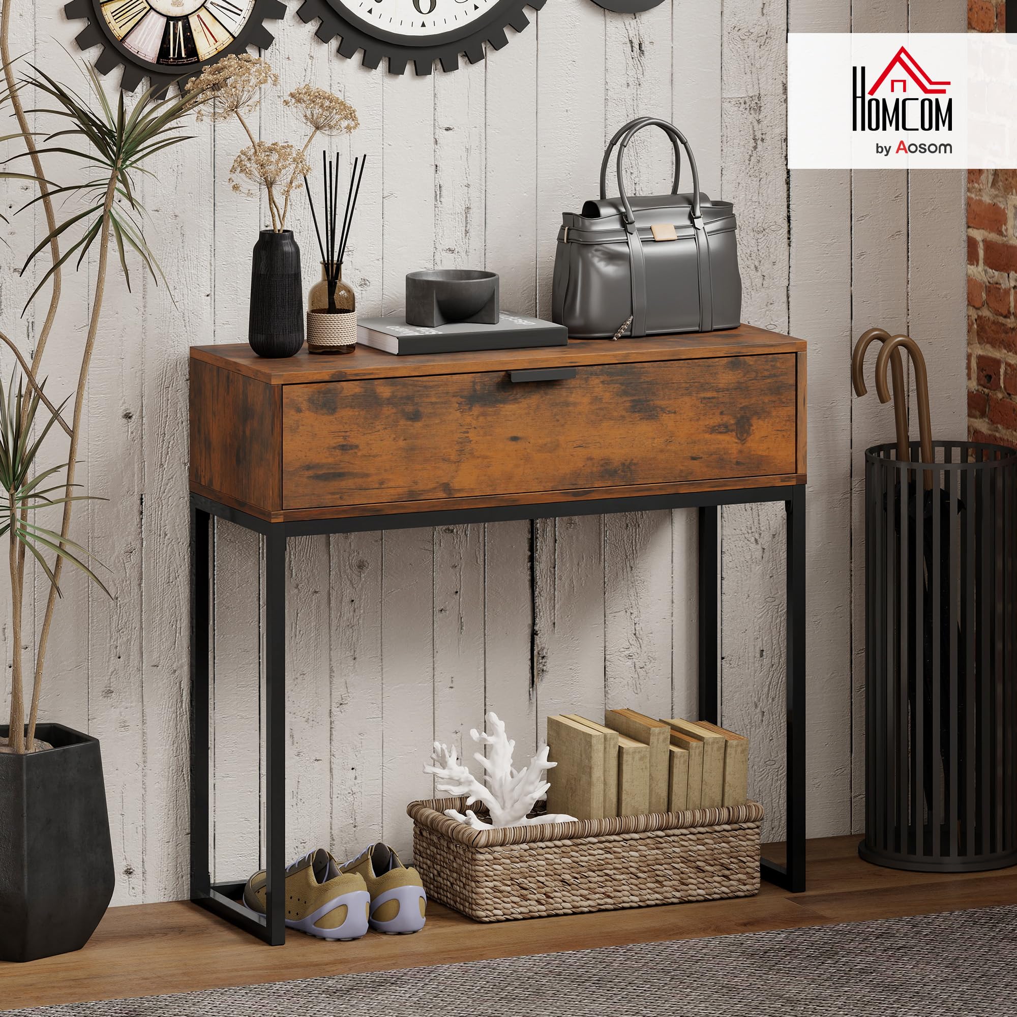 HOMCOM Stolik konsolowy, Stolik boczny w stylu industrialnym z szufladą, Stalowa rama, Stolik wystawowy do korytarza salonu, 80 x 30 x 76 cm, Rustykalny brąz