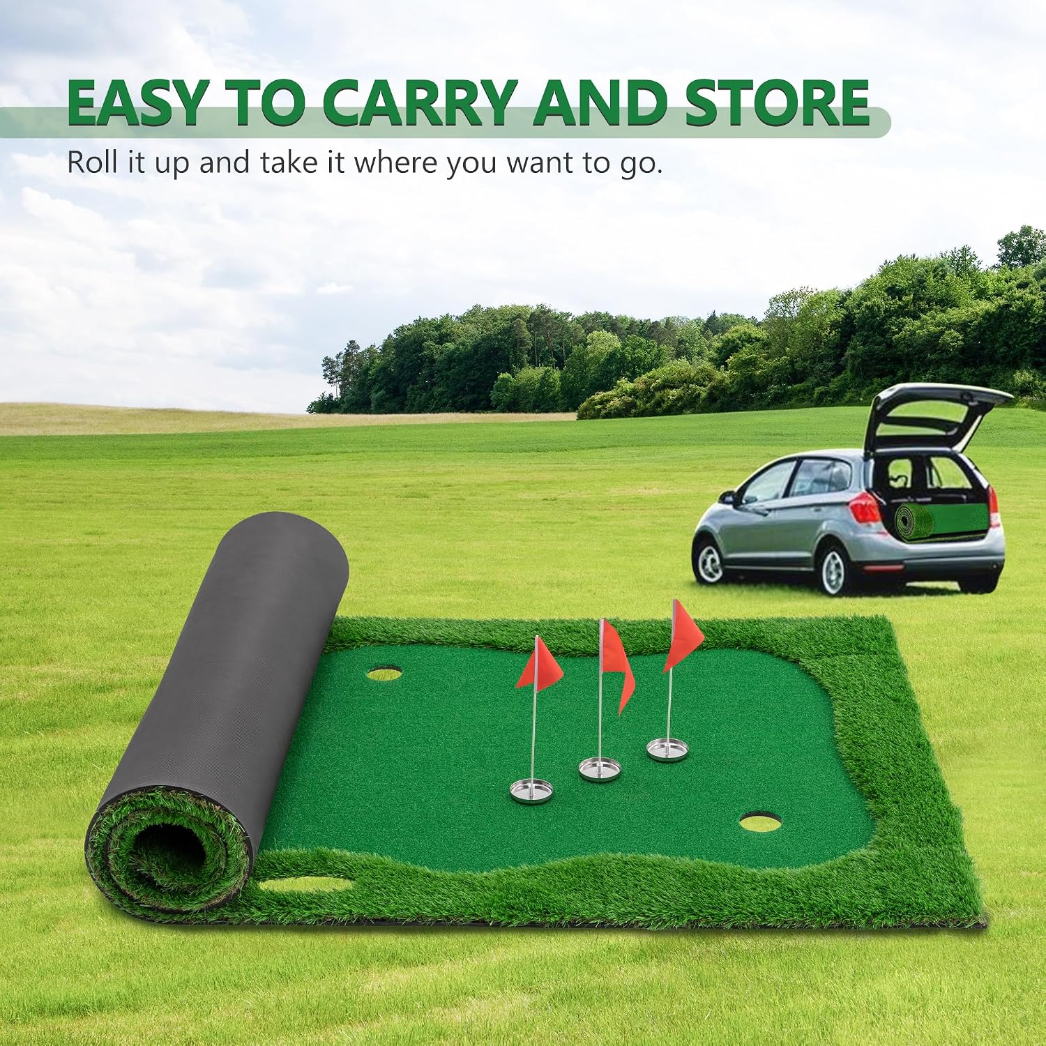 Golf Putting Green, Golf Training Mat Turf, 3 Holes, 3 Flags and Cups for Indoor Outdoor