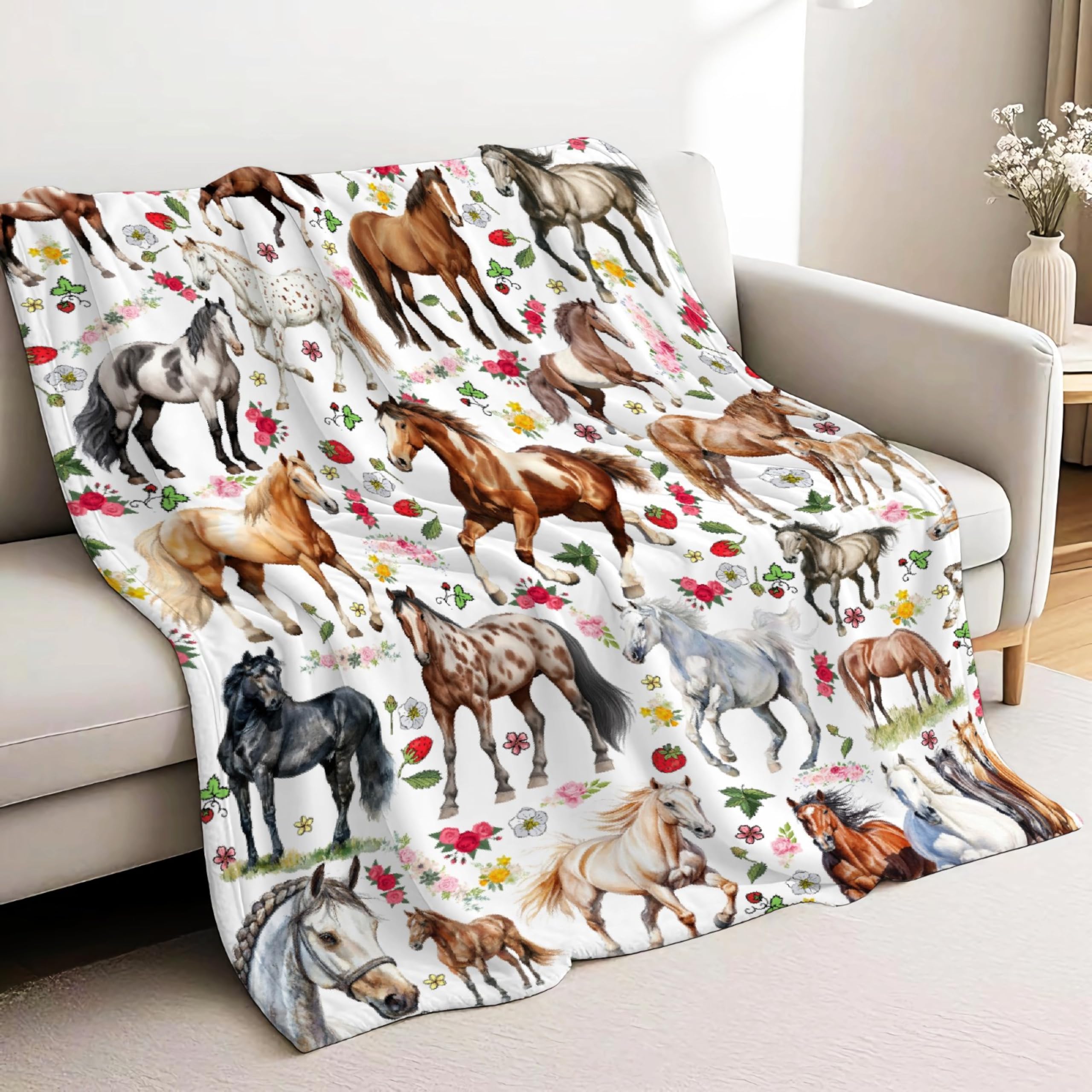 Floral Horse Blanket, 40"x30"Rose Horses Throw Blanket for Baby, Cartoon Animal Strawberry Decor Horse Plush Gifts for Toddler Crib Lightweight Flannel Cute Wil