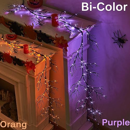 Miniatura 5 de Hairui Guirnalda de Halloween con luces, 120 luces de hadas bicolor naranja y morado, 8 funciones, guirnalda negra iluminada de 6 pies, funciona con