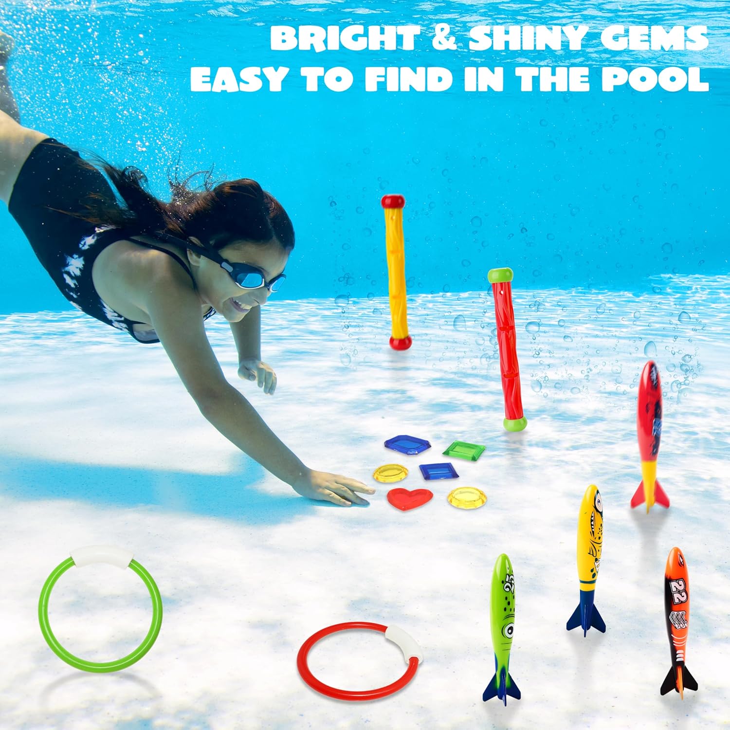 JOYIN 18Pcs Diving Pool Toys for Kids, Swimming Pool Toy with Storage Bag Includes 4 Pool Rings, 4 Diving Sticks, 4 Bandits, 6 Treasures Underwater Swim Pool Games for Ages 8-12