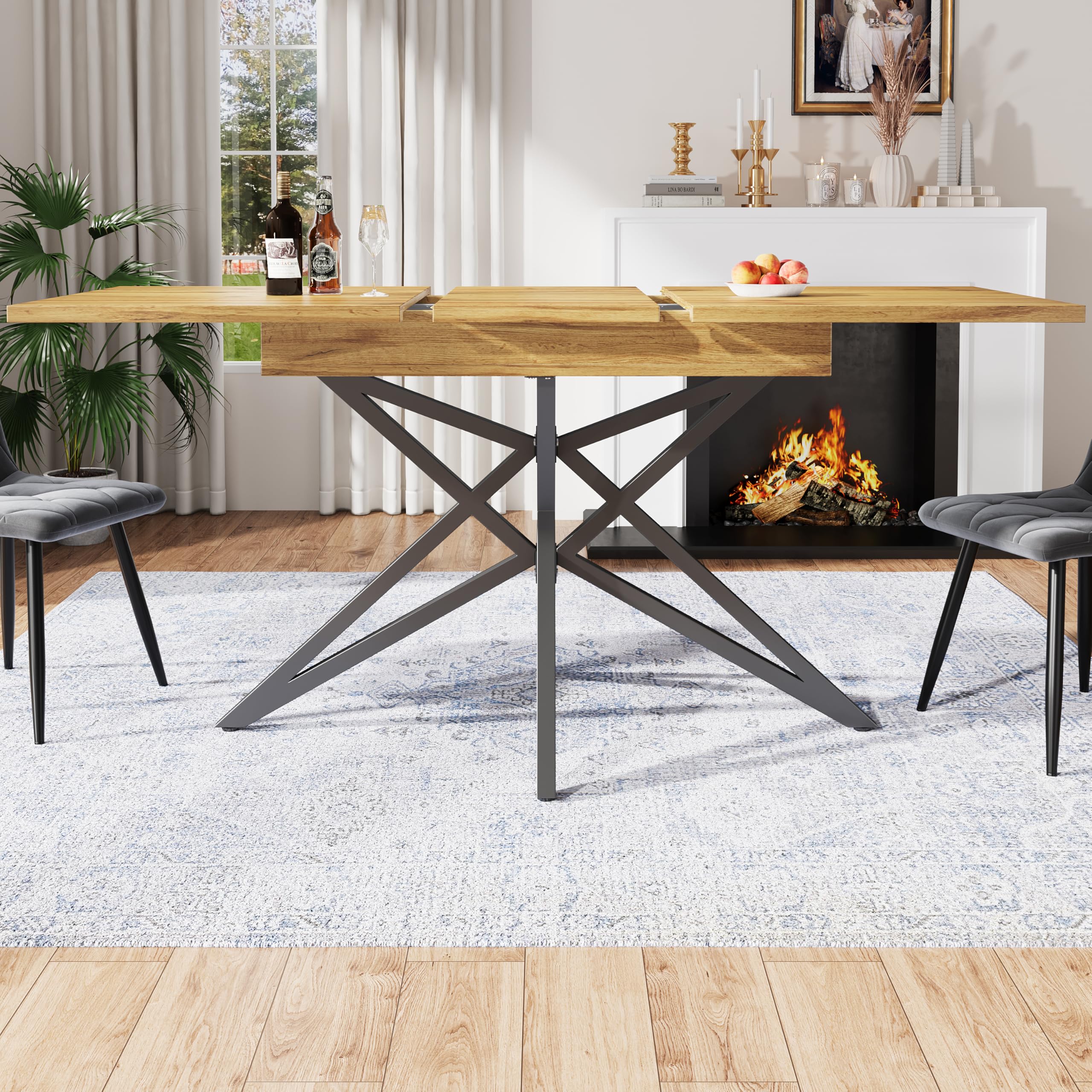 Generisch Tavolo da pranzo allungabile, 120 (160) x 80 x 66,1 cm, tavolo da cucina per la colazione, con piano in legno di noce/marmo, gambe in metallo nero a forma di stella, portata fino a 60 kg
