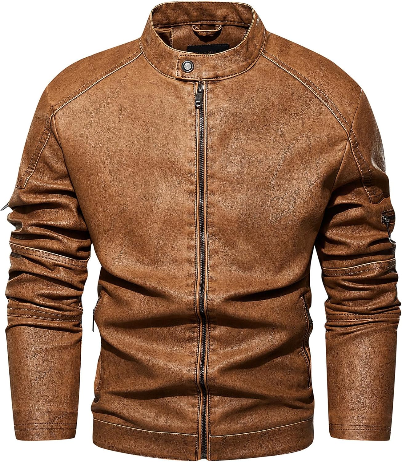 Men's Vintage Faux Leather Jacket Windproof Motorcycle Bomber Jacket Slim Fit Coat with Removable Hood