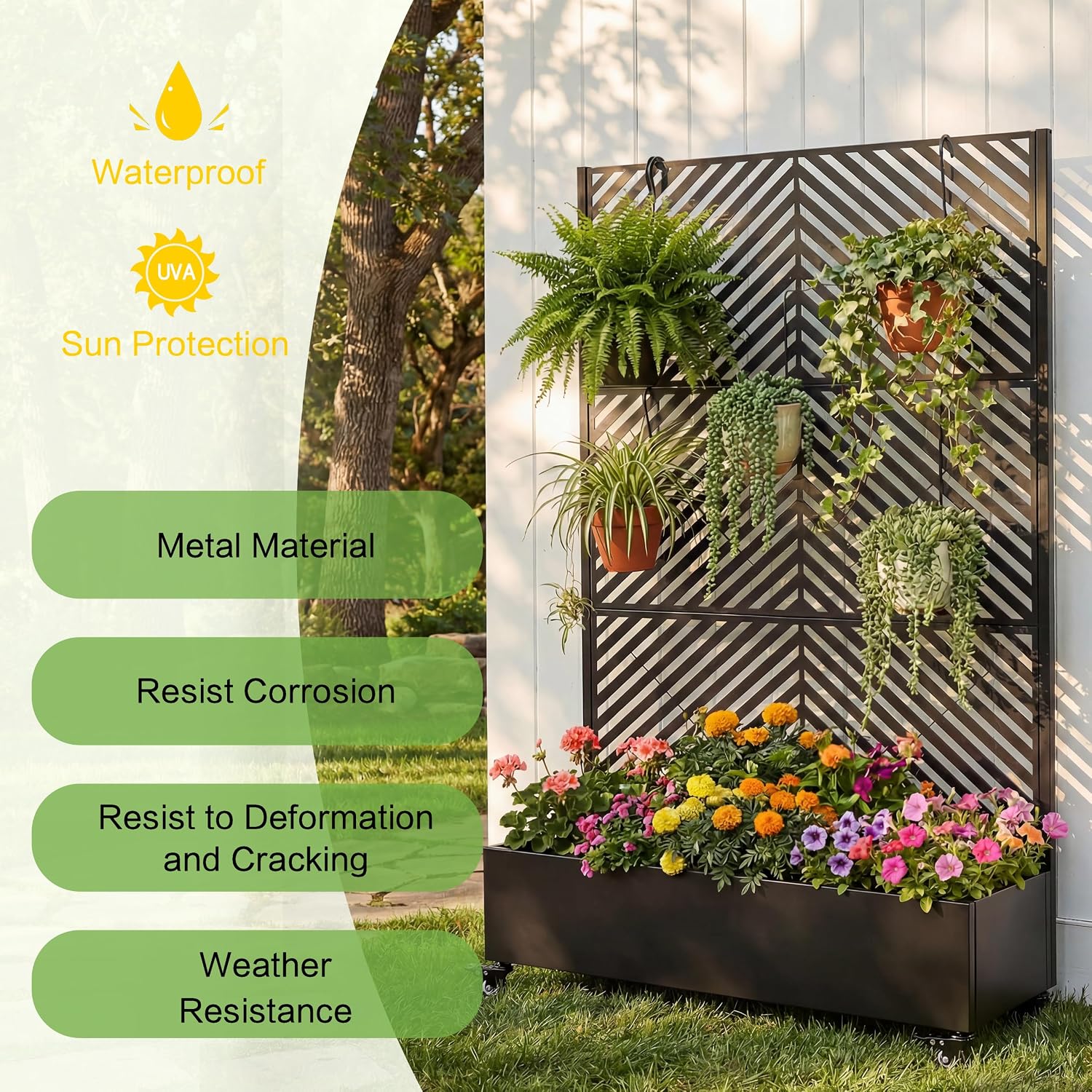 ZeHuoGe Garden Bed with Wheels & Trellis, Planter Box & Trellis Combo, Outdoor Garden Yard Decor, Features Privacy Screen and Drainage Holes (Slash)