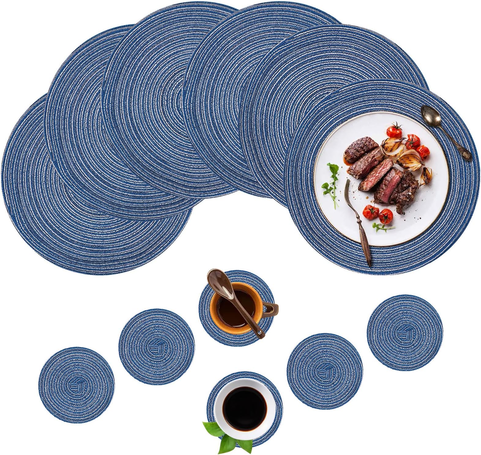12Pcs Round Place Mats Set of 6, Durable Nordic Style Hemp Cotton Threaddining Placemats for Home Kitchen, Dining Table, Outdoor, Christmas Party(6 Placemats+6 Coasters, Blue)