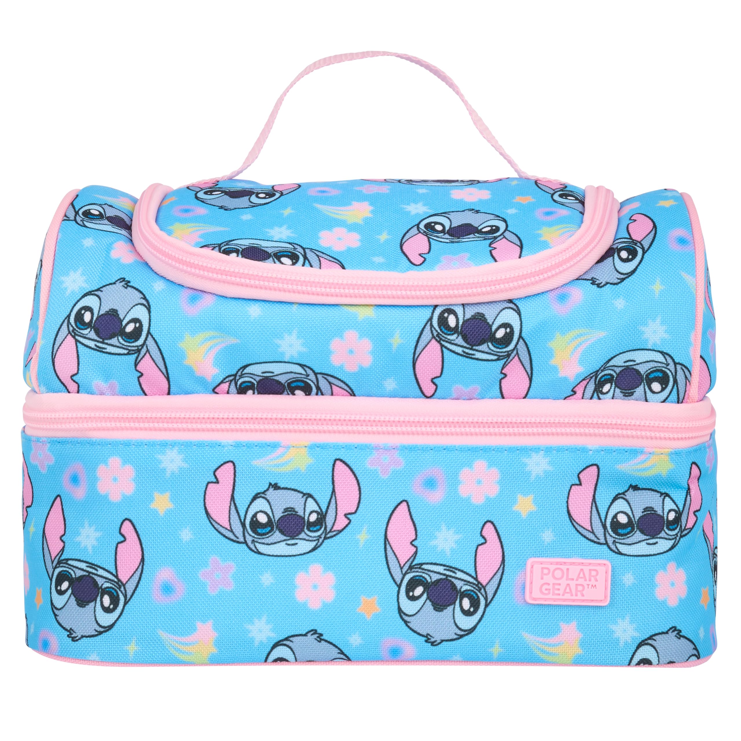 Disney Stitch Lunch Bag with 2 Compartments, Blue and Pink Stitch Face Pattern, 600D Polyester, Insulated,Ideal for School & Work, with Name Tag & Carry Handle