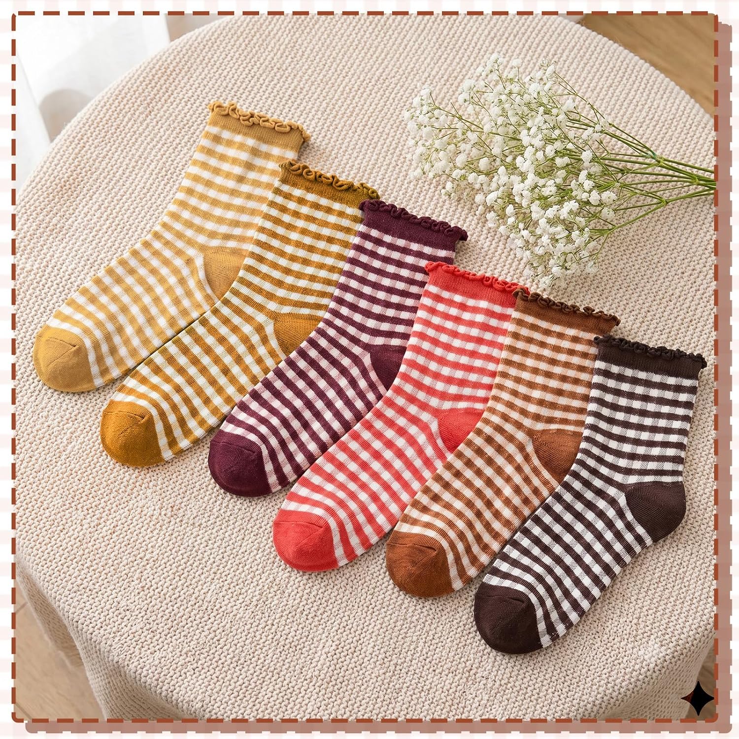 Women Ruffle Striped Frilly Socks Cotton Checkered Crew Socks | Cute Frilly Stripes Checker Design,Soft Stretchy Cotton Blend,Quality Comfort, Ladies Girls Retro Casual Wear Gifts,US Women