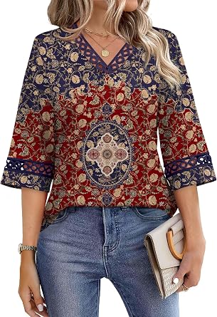 WIHOLL Womens Tops Eyelet Lace V Neck 3/4 Bell Sleeve Blouses Dressy Casual Work Shirt 2026 Summer Fall Fashion Clothing