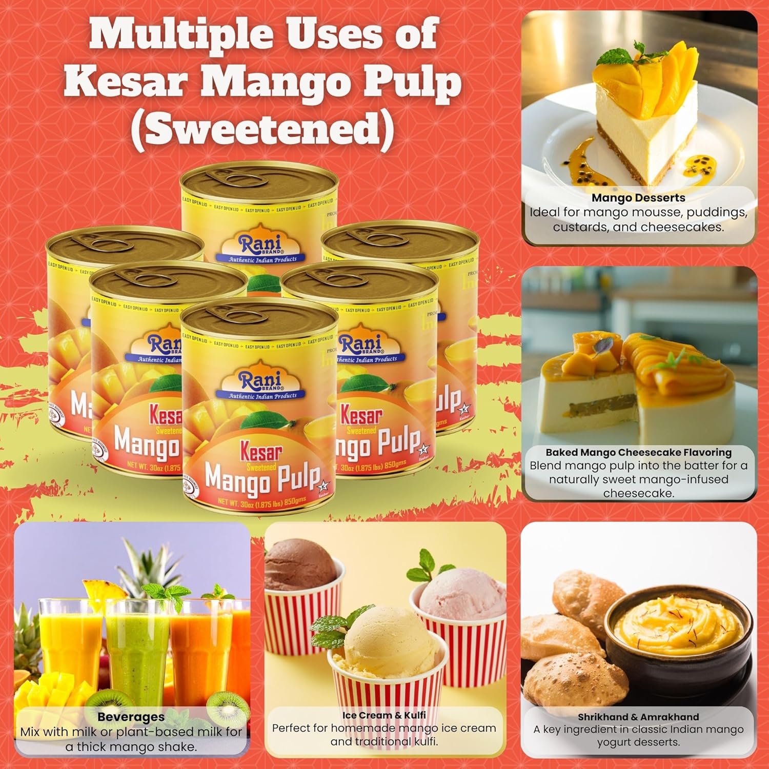 Rani Mango Pulp Puree (Makes Mango Lassi Shakes) Kesar Sweetened 30oz (1.875lbs) 850g Pack of 6 ~ Kosher | All Natural | NON-GMO | Vegan | No colors | Gluten Friendly | Indian Origin