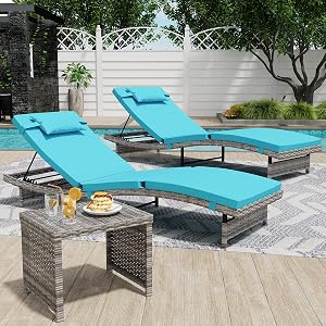 Long Reclining Chair Lounge Set (Set of 3), Modern Outdoor Patio Furniture with Adjustable Backrest & Side Table, Durable PE Wicker, Weather-Resistant Cushions, Blue