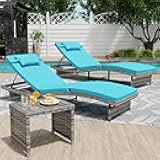 Danrelax Long Reclining Chair Lounge Set (Set of 3), Modern Outdoor Patio Furniture with Adjustable Backrest & Side Table, Durable PE Wicker, Weather-Resistant Cushions, Blue