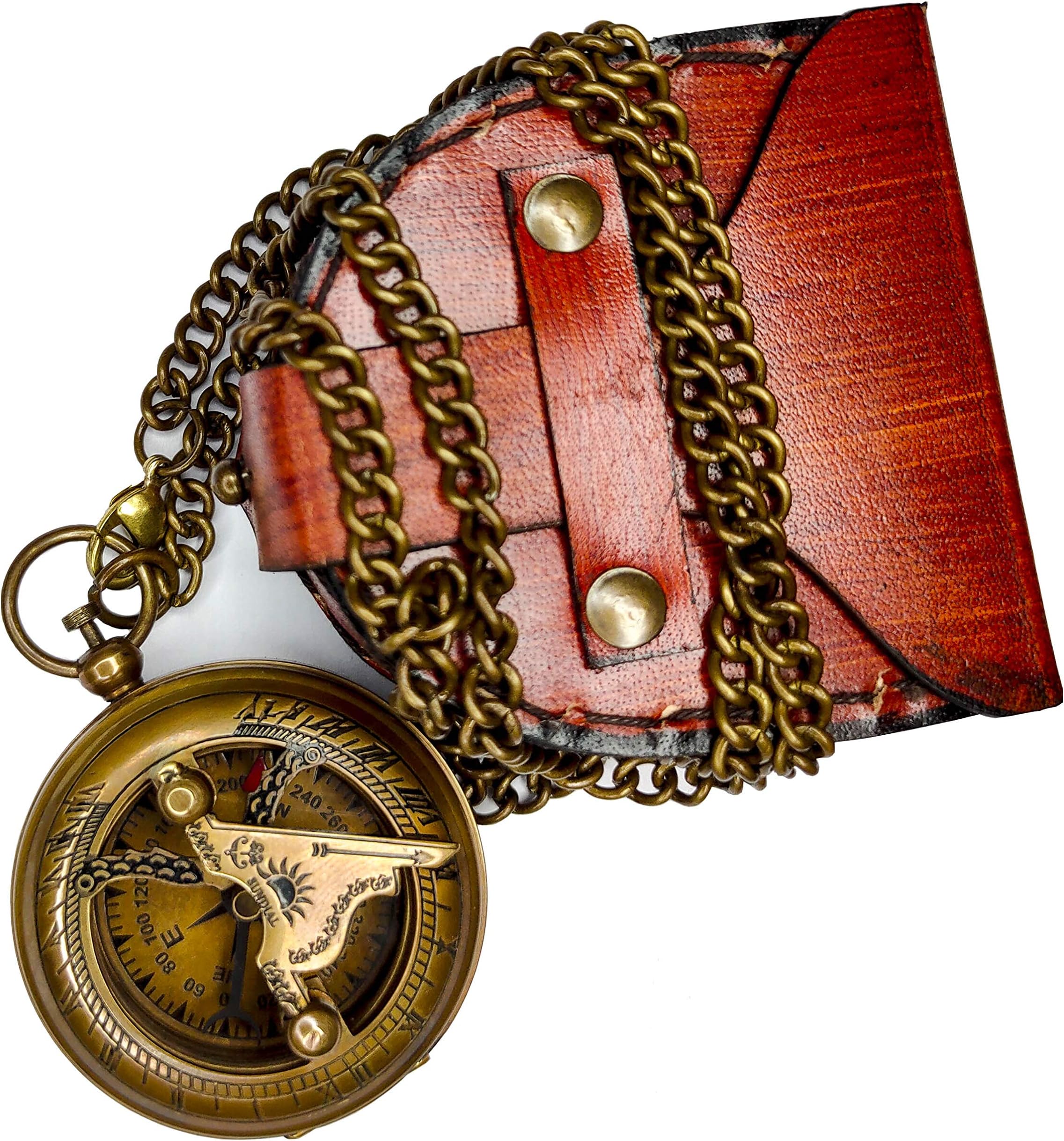 Expressions EnterprisesBrass Sundial Compass Pocket Compass with Leather Case and 24 Inch Chain, Maritime Push Button Sundial 2 Inch