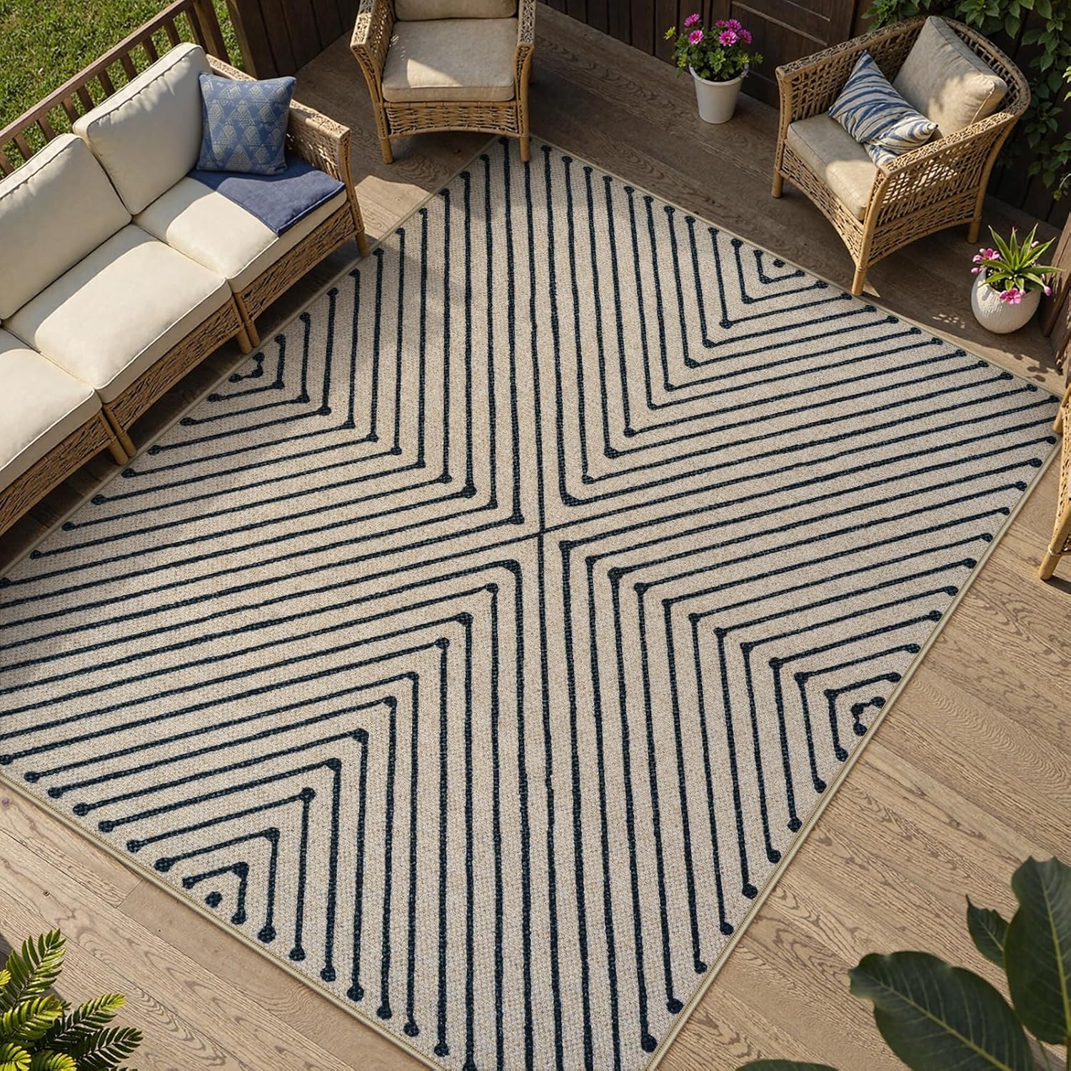 Collive 5x7 Easy Jute Outdoor Patio Rug, Black/Neutral Large Washable Area Rugs for Living Room Non Slip, Modern Geometric Farmhouse Dining Room Carpets for Bedroom Dorm Outside Porch
