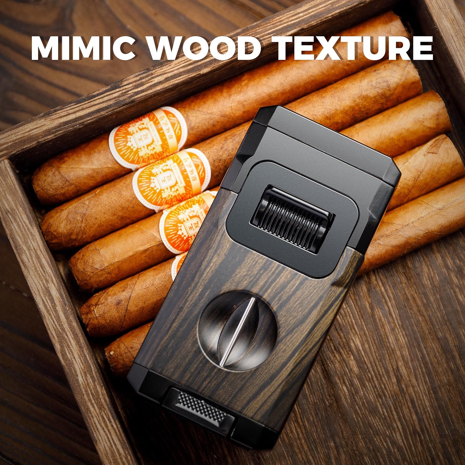 Woodronic Cigar Lighter with V-Cut Cigar Cutter and Cigar Holder, Refillable Dual Jet Lighter Without Butane, Lightweight and Windproof, Cigar Gift for Men, Black