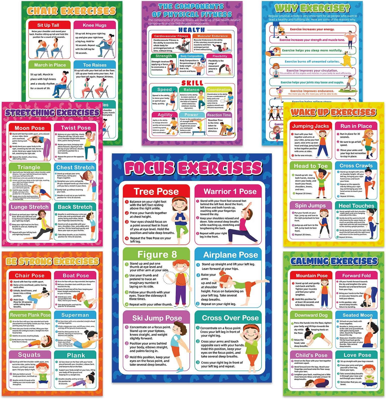 gisgfim Exercise Posters Stretching Yoga Workout Poster Physical Educational Fitness Decoration Physical Bodyweight Workout Guide Chart for Home Classroom Gym Men Women Laminated Colored Illustration