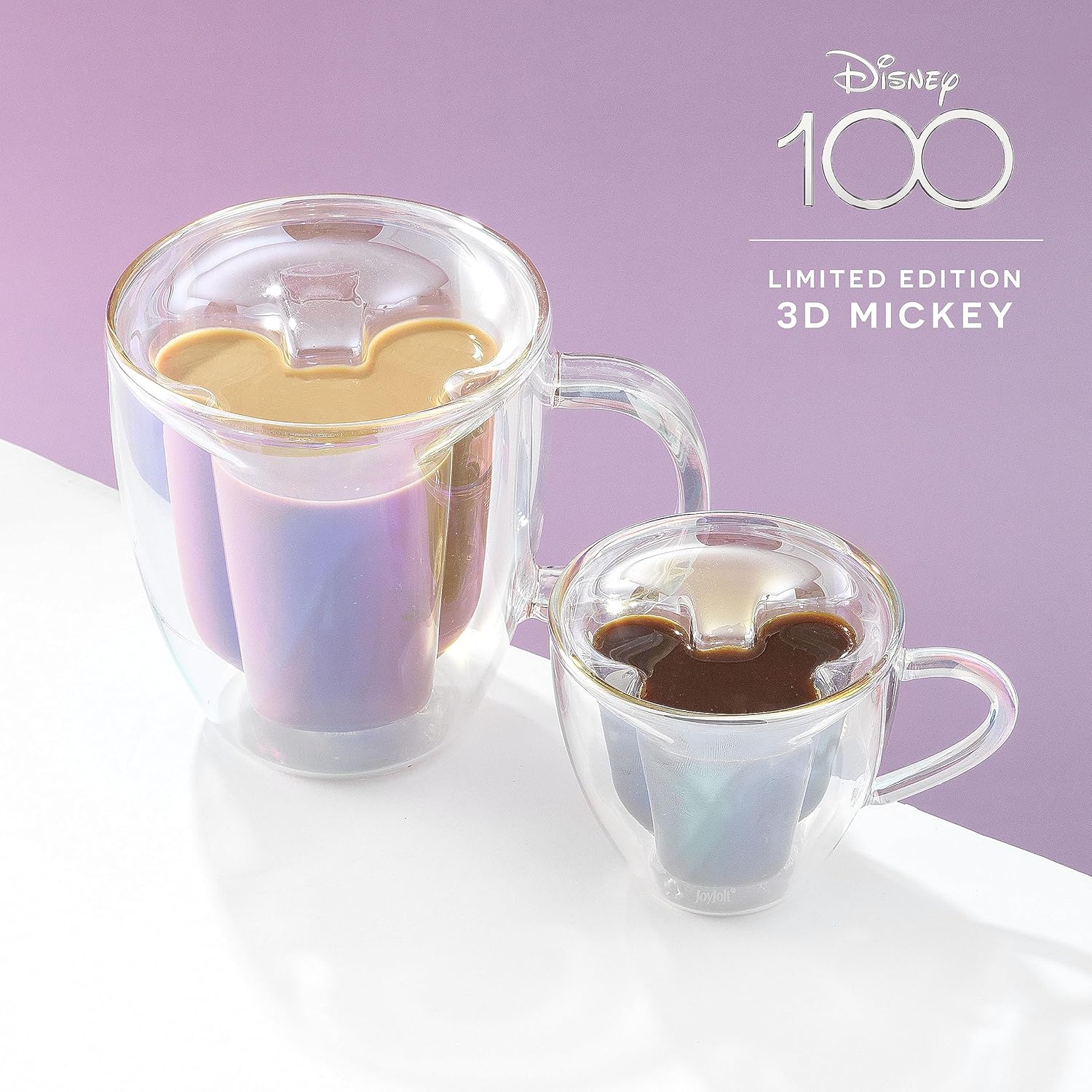JoyJolt Disney 100 3D Mickey Mouse Espresso Cups and Glasses - 5.4oz Double Wall Insulated Coffee Mug - Iridescent Clear Glass Cup - 100yrs Disney Merchandise, Glassware and Gifts