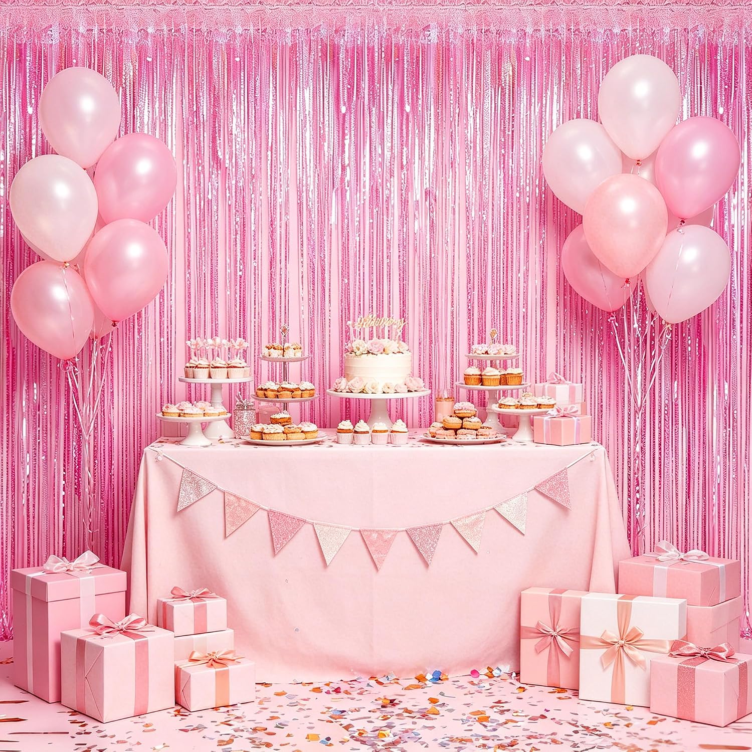 4 Pack Glitter Pink Foil Fringe Curtain, Birthday Backdrop Valentine Decor