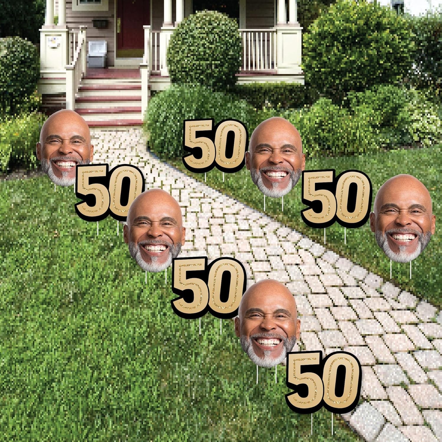 Big Dot of Happiness Custom Photo 50th Birthday Outdoor Decorations, Personalized Black & Gold Adult Birthday Lawn Ornaments, Face Cut-Out & Age 50 Party Yard Signs with Stakes - 10 Piece Set