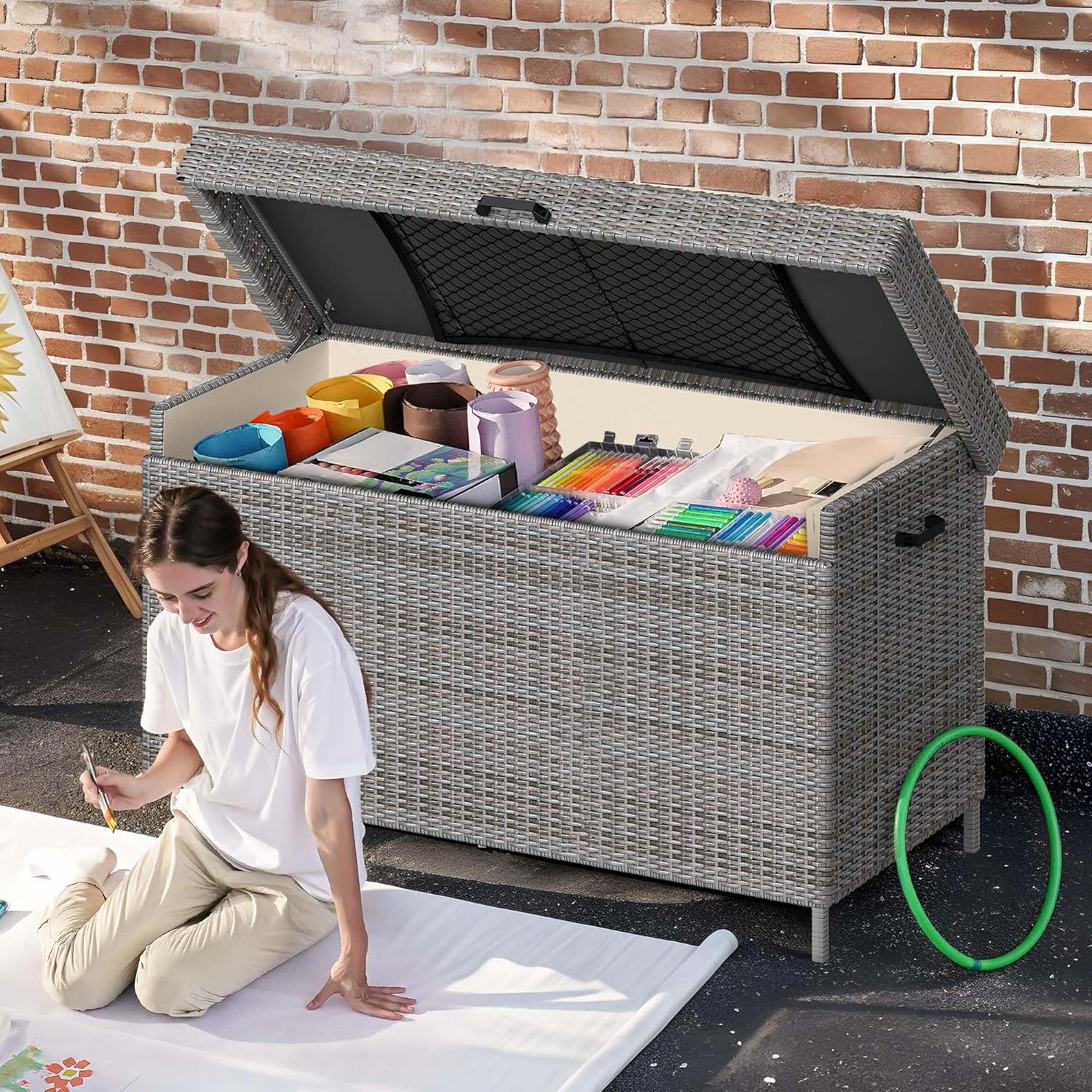 DWVO 200 Gallon Deck Box, Outdoor Storage Box w/Storage Net, Rattan XL Outdoor Cushion Storage for Patio Furniture, Garden Tools, Pool Sports Equipment (Grey)