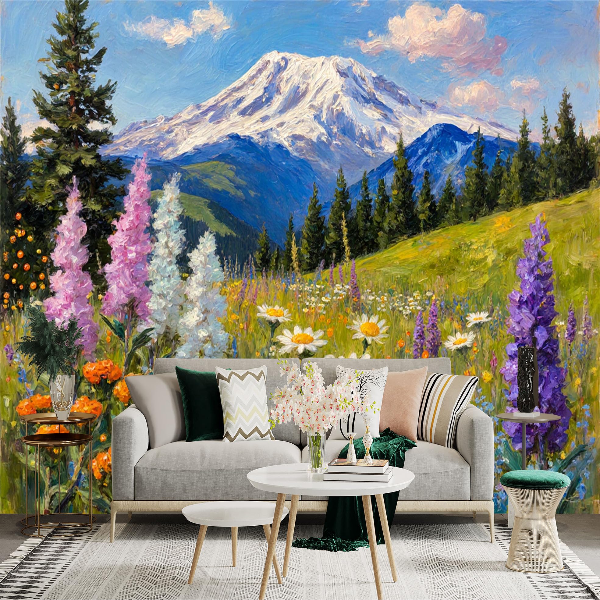 Custom Size Wall Sticker Mural， Oil Painting of Snowy Mountain Peaks， Vibrant Wildflower Meadow with Daisies and Lupines， for wall Decoration， peelandstick wall Decals.