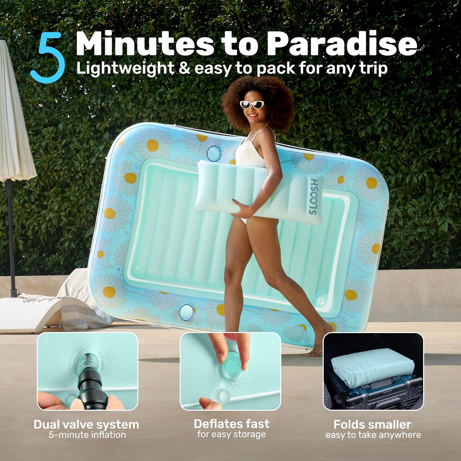 SLOOSH Inflatable Tanning Pool Lounger Float, 70" x 46" Pool Floats Adult with Pillow, 4 in 1 Suntan Tub Raft Floatie,Sunbathing Bed Lounge for Water Blow Up Ball Pit Party Gifts