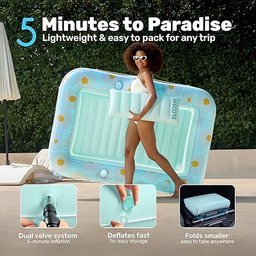 Miniatura 6 de SLOOSH Inflatable Tanning Pool Lounger Float, 70" x 46" Pool Floats Adult with Pillow, 4 in 1 Suntan Tub Raft Floatie,Sunbathing Bed Lounge for