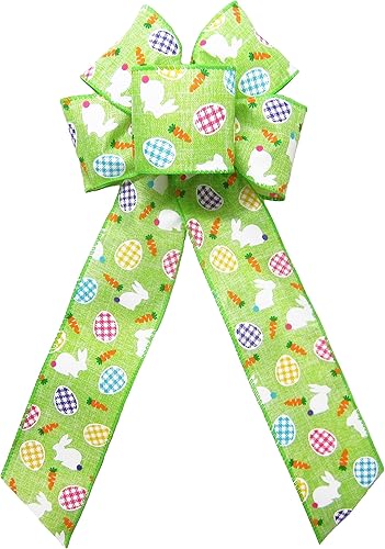6" Lime Green Bunnies and Gingham Eggs Easter Bow by Alpine Holiday Bows - Easter Bows for Wreaths, Lanterns, Signs, Gifts, Baskets, Decorations and disponible en Yaxa Colombia