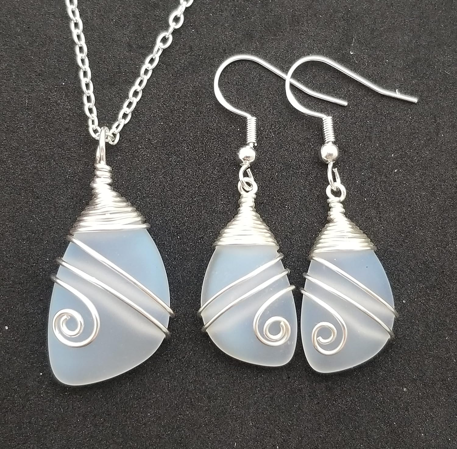 Handmade In Hawaii, Wire Wrapped Sea Glass Necklace and Earrings Set, Birthday Gifts For Women