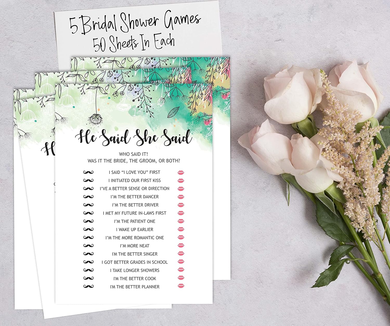 Bachelorette Party Games Set Bundle of 5 (Activities for 50 Guests) Greenery Floral Theme Fun Bridal Shower Games Set