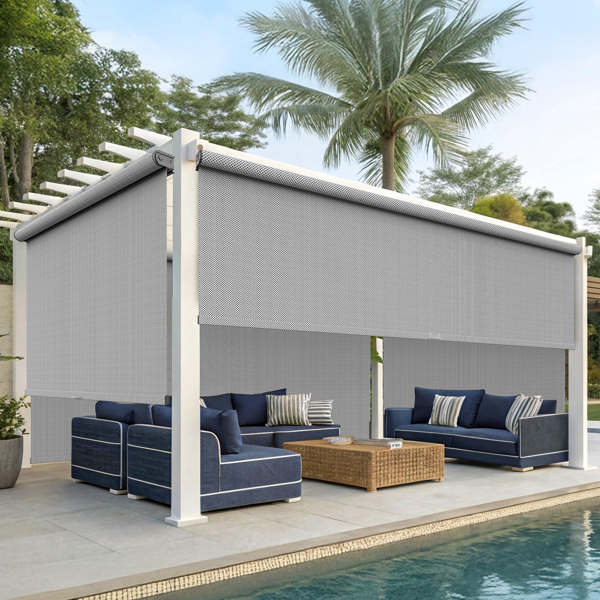 Outdoor Roller Shade with Two Operation Mode(No Need Crank), (10'W X 8'H) 420GSM New Material Outdoor Patio Blinds , , Gray