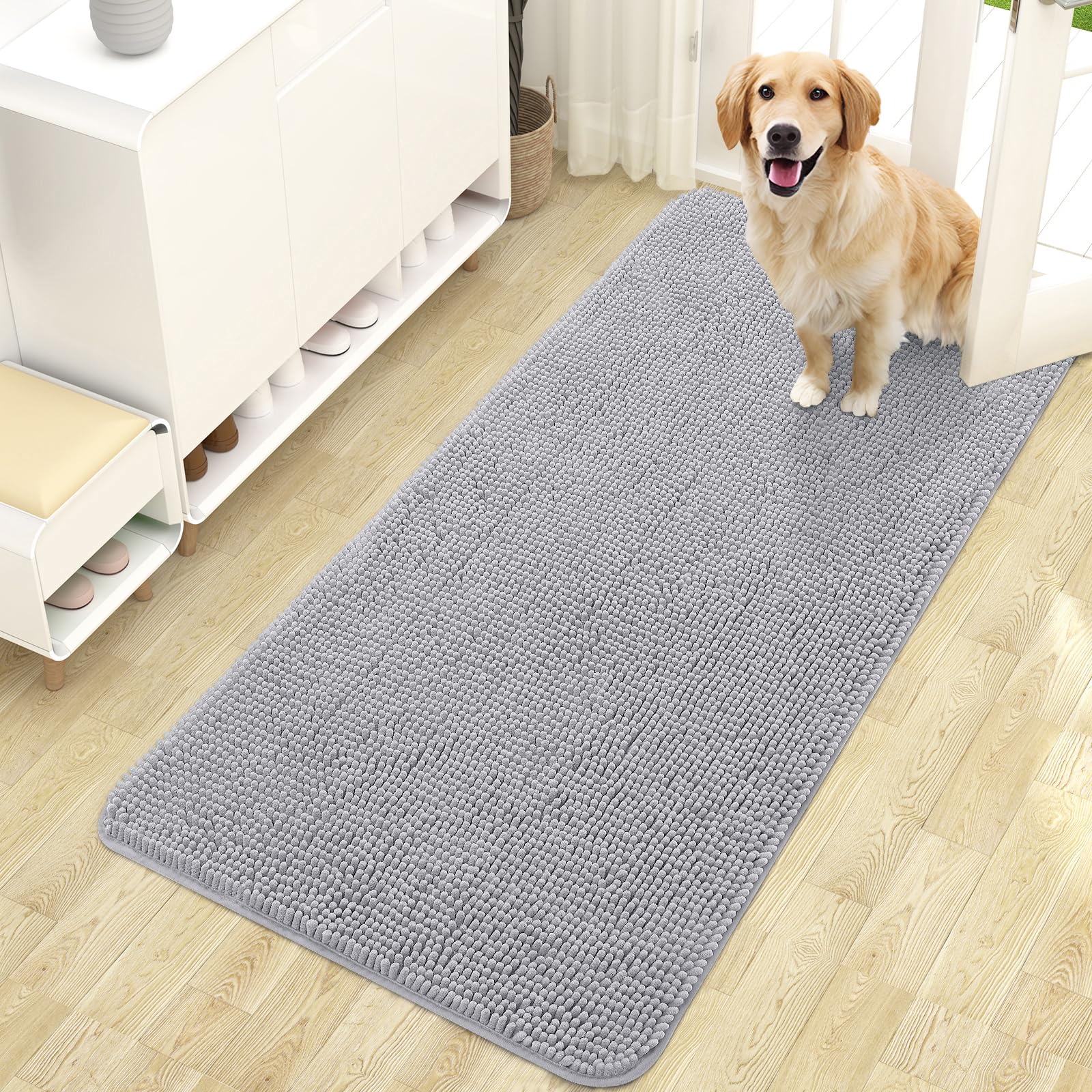 OLANLY Dog Door Mat for Muddy Paws 47x24, Absorbs Moisture and Dirt, Absorbent Non-Slip Washable Doormat, Quick Dry Chenille Mud Mat for Dogs, Entry